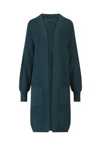 Cardigan lungo teal con texture a costine, apertura frontale, due tasche e maniche scese per un fit rilassato.