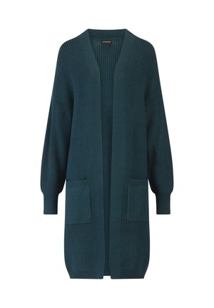 Cardigan lungo teal con texture a costine, apertura frontale, due tasche e maniche scese per un fit rilassato.