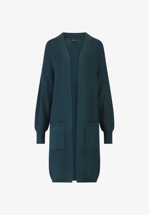 Pitkä teal-värinen neuletakki, jossa on ribbikuvio, avoin etuosa, kaksi taskua ja pudotetut olkasaumat rentoa istuvuutta varten.