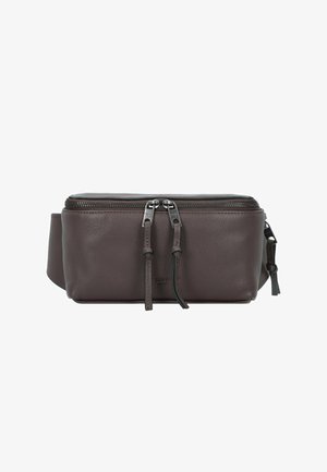 Sac à taille en cuir marron de forme rectangulaire, avec fermeture à double zip et logo sur le devant. Dispose d'une surface texturée et d'une sangle réglable.