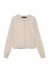 Cardigan beige clair en tissu tricoté texturé, doté d'un col rond, d'une fermeture à boutons et de détails en crochet le long de la patte de boutonnage.