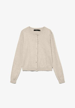 Cardigan beige clair en tissu tricoté texturé, doté d'un col rond, d'une fermeture à boutons et de détails en crochet le long de la patte de boutonnage.