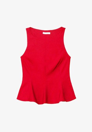 Haut ajusté sans manches pour femme, rouge, avec encolure ronde et légère évasement à l'ourlet, présenté à plat sur un fond blanc.