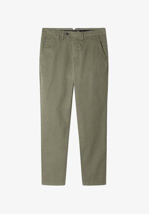 Chinos in cotone verde oliva con design a gamba dritta, tasche anteriori e chiusura a un bottone. Texture liscia, senza motivi visibili.