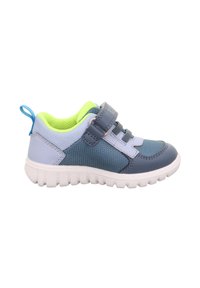 Child's blue and gray sneaker with neon green lining, white sole, adjustable Velcro strap, and blue heel pull tab.
