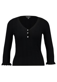 Czarny prążkowany sweter z dzianiny z długim rękawem, dekoltem w kształcie litery V, trzema ozdobnymi guzikami i falbankami na mankietach. Miękka tekstura, dopasowany krój.
