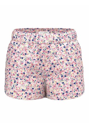 Shorts fleuris avec une taille élastique. Présente un fond rose pastel avec de petites fleurs colorées dans des tons de bleu, rose et jaune.
