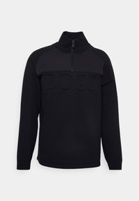 Pull-over noir à manches longues avec col montant et demi-fermeture éclair, tissu texturé sur les épaules et les manches, logo "BOSS" embossé sur la poitrine.