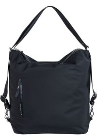 Borsa a mano in nylon nero dal design semplice, dotata di chiusura con zip, tasca anteriore con zip e tracolla regolabile. Texture liscia.