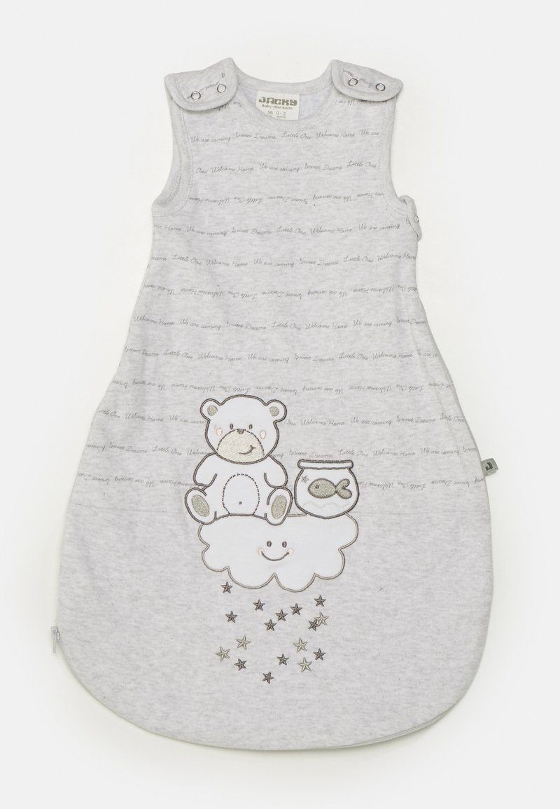 Saco de sommeil en coton gris avec des épaules à pression, orné de motifs ours, aquarium et étoiles dans des couleurs douces et un design de nuages.