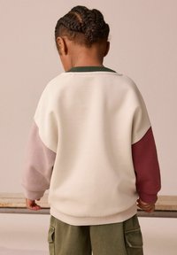 Krótkoterminowy sweatshirt w kolorze kremowym, z jasnoróżowymi i bordo rękawami. Ma ściągacze przy rękawach i zielony kołnierzyk. Połączony z zielonymi spodniami cargo.