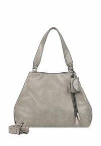 Sac à main en simili cuir gris avec un design décontracté, deux poignées de shoulder et une bandoulière amovible. Doté d'un petit pendentif décoratif.