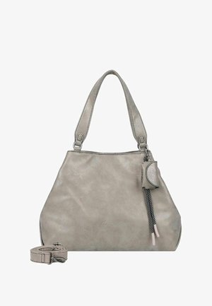 Sac à main en simili cuir gris avec un design décontracté, deux poignées de shoulder et une bandoulière amovible. Doté d'un petit pendentif décoratif.