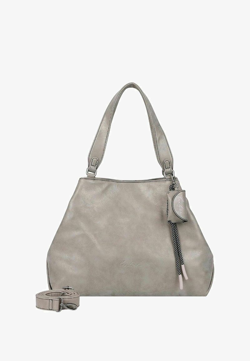 Grijze faux leren handtas met een slungelige uitstraling, dubbele schouderbanden en een afneembare strap. Voorzien van een kleine decoratieve charm.