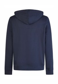 Marineblauwe hoodie met een zachte текстuur, lange mouwen, ribgebreide manchetten en zoom. Het ontwerp is eenvoudig zonder zichtbare graphics.