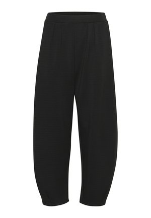 Pantalons noirs raccourcis en tissu texturé, présentant un devant plissé et une taille élastique pour plus de confort.