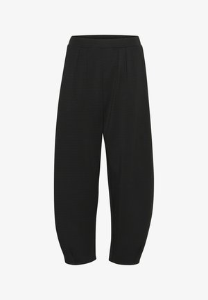 Schwarze, kurze Hosen aus einem strukturierten Stoff, mit einem gefalteten Vorderteil und einem elastischen Bund für Komfort.