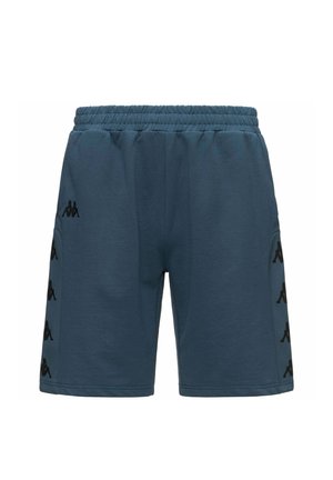 Shorts de sport bleus avec ceinture élastique, logos noirs imprimés verticalement sur les deux panneaux latéraux.