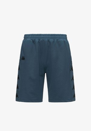 Pantaloncini sportivi blu con vita elastica, loghi neri stampati verticalmente su entrambi i pannelli laterali.