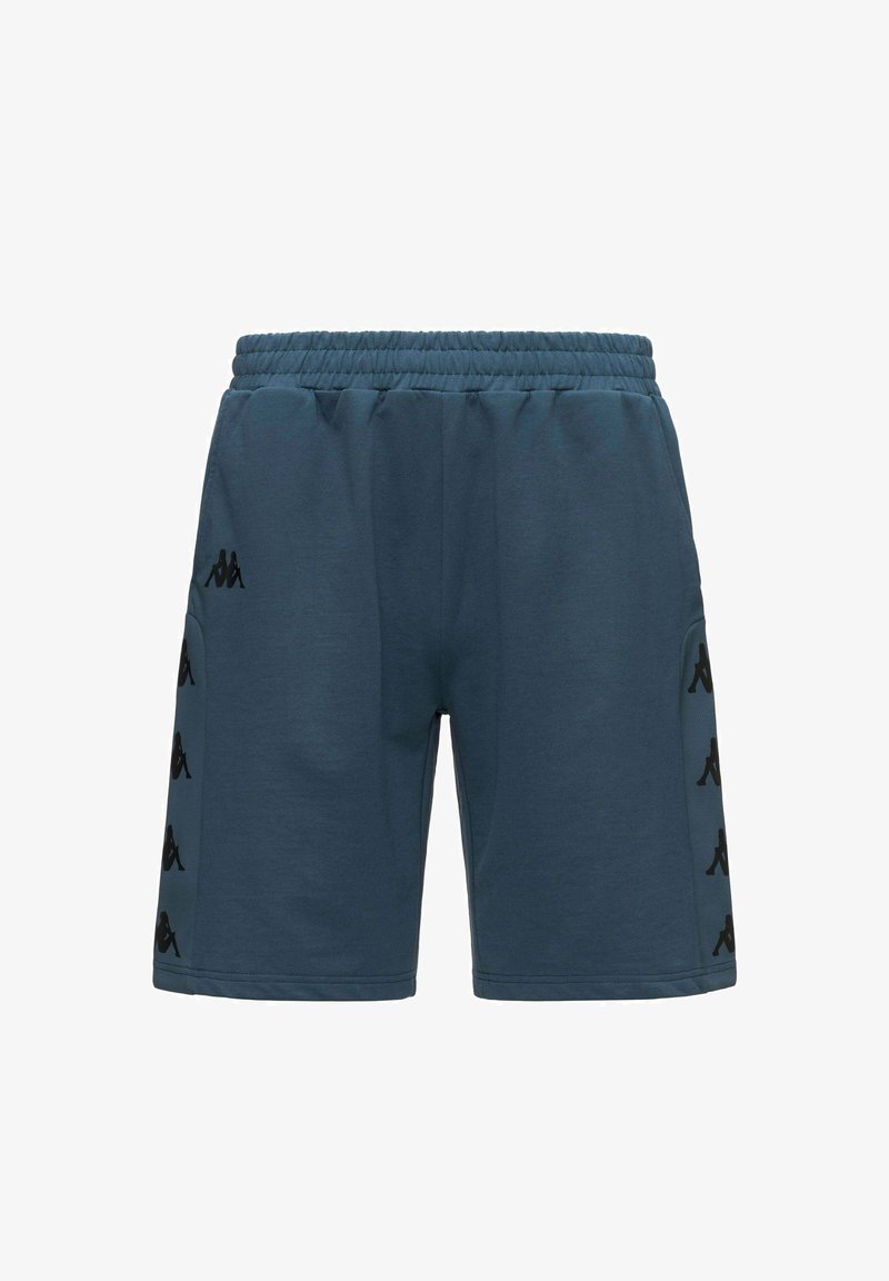 Shorts de sport bleus avec ceinture élastique, logos noirs imprimés verticalement sur les deux panneaux latéraux.