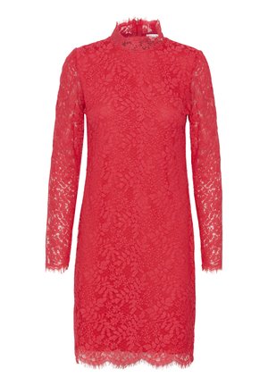 Sarkans mežģīņu kleita ar garām piedurknēm un augstu kakla izgriezumu. Ziedu raksts visā kleitā, viļņota apakšmala un neapstrādātas akcenti pie piedurknēm un kakla.