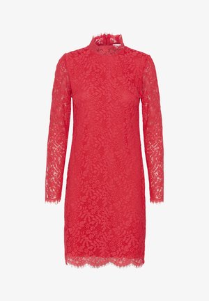 Sarkans mežģīņu kleita ar garām piedurknēm un augstu kakla izgriezumu. Ziedu raksts visā kleitā, viļņota apakšmala un neapstrādātas akcenti pie piedurknēm un kakla.