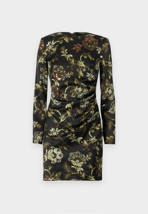 Black, long-sleeve dress featuring a floral pattern in gold and green, made from smooth fabric with a gathered detail at the waist.