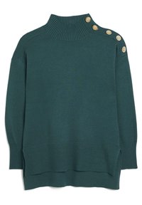 Grön stickad tröja med hög ribbad krage och sidoknappar. Har en avslappnad passform samt ribbad nederkant och mudd.