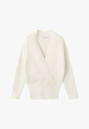 Maglione avvolgente color crema lavorato a maglia con maniche lunghe e ampia fascia a coste in vita, caratterizzato da una scollatura a V profonda e una texture morbida.