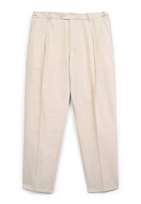 Pantalons plissés beiges en tissu léger. Dotés d'une taille avec un bouton et des réglages latéraux ; design à jambes droites.