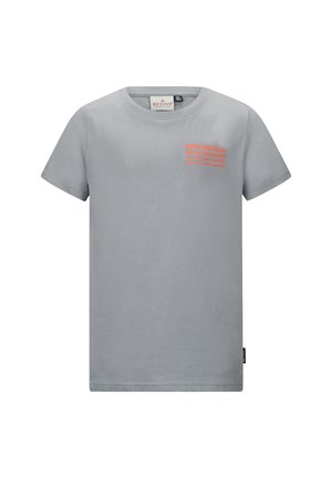 Grau T-Shirt aus weicher Baumwolle, mit kurzen Ärmeln und rundem Ausschnitt. Auffälliger orangefarbener Drucktext auf der Vorderseite.