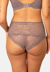 Gray lace high-waisted panties with floral patterns, featuring scalloped edges and a sheer textured back. Back closure with hook-and-eye.