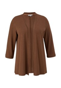 Gilet léger marron avec une coupe ample, manches 3/4, devant ouvert et subtils détails de couture le long des bords.