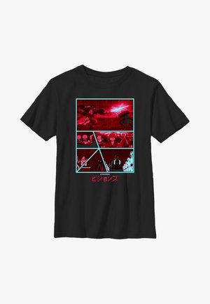 T-shirt noir avec des panneaux de style bande dessinée en rouge et bleu représentant des personnages de Star Wars, un duel au sabre laser et des stormtroopers, avec du texte japonais en dessous.