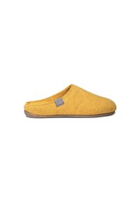 Felt yellow slipper with a rounded toe, soft texture, and a contoured shape. Features a small logo tag on the side. Rubber outsole.