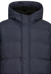 Navy puffer jacket with a hood, made of smooth, water-resistant material. Features a fleece-lined interior and a zipper closure.