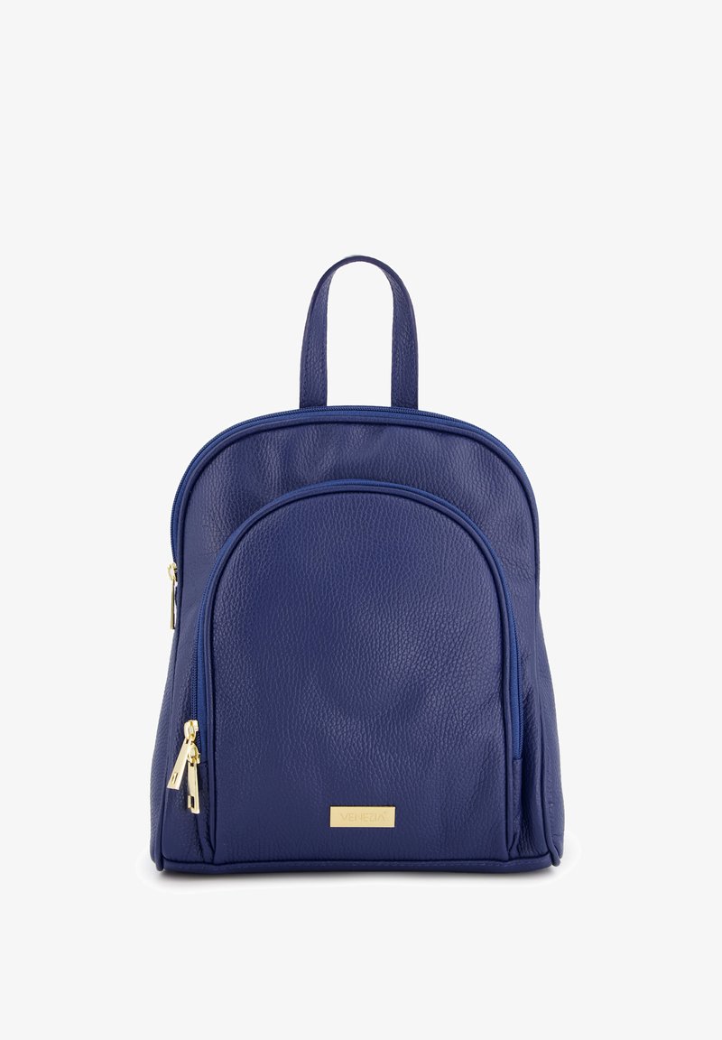Navy blue leather backpack with a textured finish, a rounded shape, one front zipper pocket, and a gold-tone brand plate.