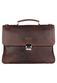 Brown leather briefcase with a smooth texture, flap closure, and silver hardware. Includes a top handle for easy carrying.