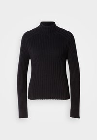 Pull col roulé noir à côtes avec des manches longues, design ajusté et surface texturée. Fabriqué en tissu tricoté extensible.