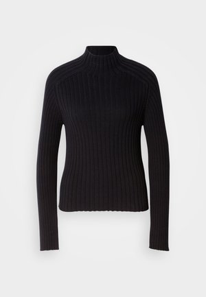 Schwarzer gerippter Rollkragenpullover mit langen Ärmeln, tailliertem Design und strukturierter Oberfläche. Hergestellt aus einem dehnbaren Strickstoff.