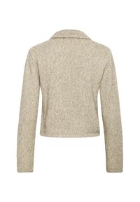 Bežani pleteni kardigan s ovratnikom, dugim rukavima, teksturiranim materijalom i skraćenom duljinom. Ima suptilan uzorak cijelom površinom.