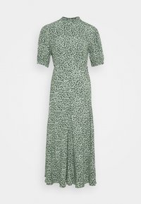 Grön blommig midiklänning med korta puffärmar, hög halsringning och en flödande kjol. Tyget har ett spritt tryck och en lätt struktur.