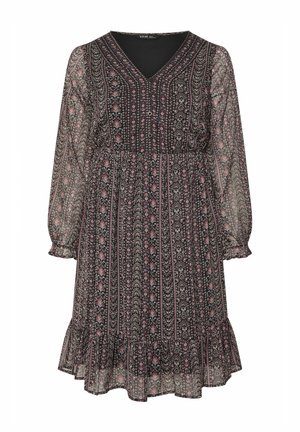 Langærmet sort kjole med gennemsigtigt stof, lodrette blomsterstriber i pink og blå, V-hals, knapper foran og flæsekant.