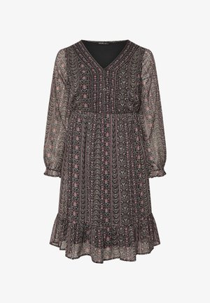 Schwarzes Langarmkleid mit transparentem Stoff, rosa und blauen vertikalen Blumenstreifen, V-Ausschnitt, Knopfleiste vorne und Rüschensaum.