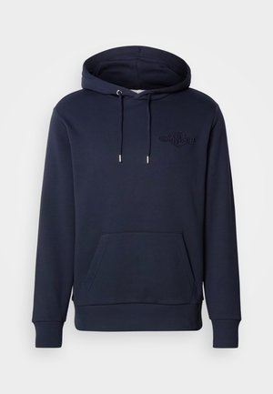 Tumed sinine kapuutsiga sviiter, mis on valmistatud puuvillase seguga, omab esifronterit, reguleeritavaid paelasid, ribatud varrukaotste ja reljeefse logo detaili.