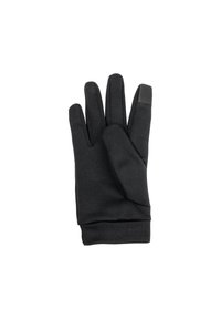 Zwarte touchscreenhandschoenen van zacht materiaal met een aansluitend ontwerp. Ze hebben een gladde textuur en een duidelijke aanraakcompatibele vingertop.