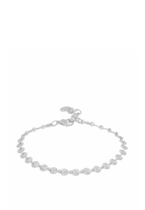 Silver bracelet with small, round, textured flower-shaped links and a lobster clasp fastening on a white background.
