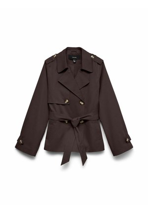 Trench-coat court marron foncé avec boutons croisés, épaulettes, taille ceinturée et poignets à boutons.