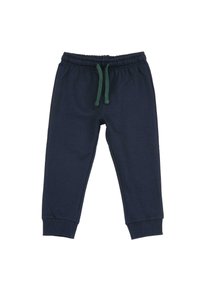 Pantalons de jogging bleu marine en coton, dotés d'une taille élastique avec un cordon de serrage vert et des poignets côtelés aux chevilles.