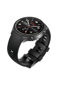 Schwarze Smartwatch mit einem strukturierten Gummiband, einem runden schwarzen Ziffernblatt, weißen und roten Markierungen sowie einem multifunktionalen Display mit silbernen Akzenten.